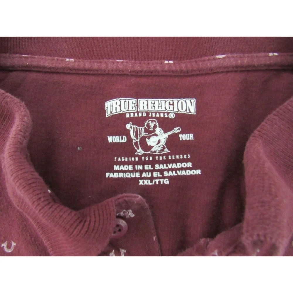 Vintage True Religion Monogram Burgundy Polo Shirt Sz L‎ 100% Cotton Distress